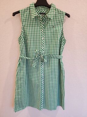 Tommy Hilfiger Green Gingham Sleeveless Shirt Dress With Pockets